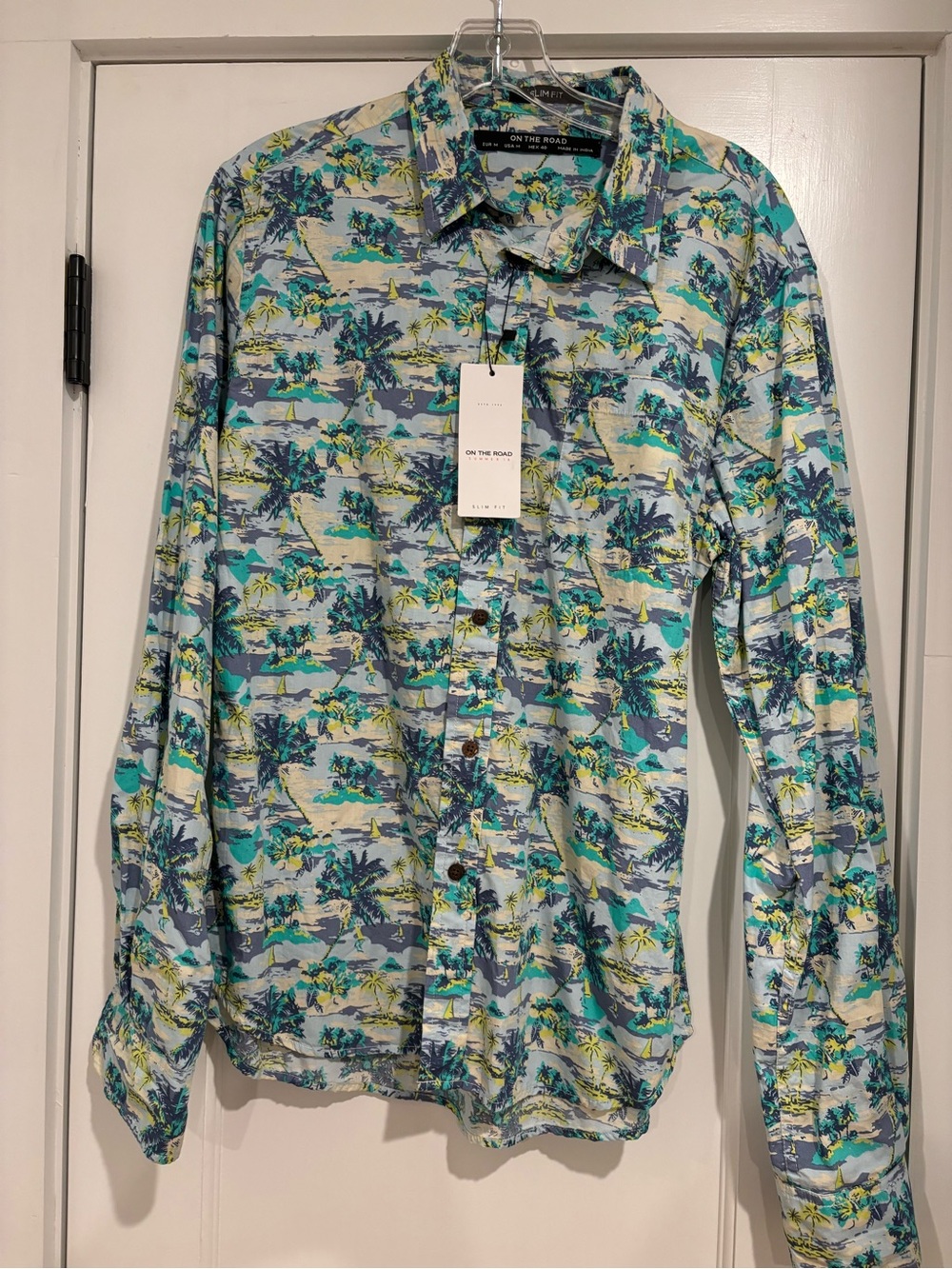 On The Road NEW Tropical Palm Tree Print  Long Sleeve Shirt Men M Blue Green